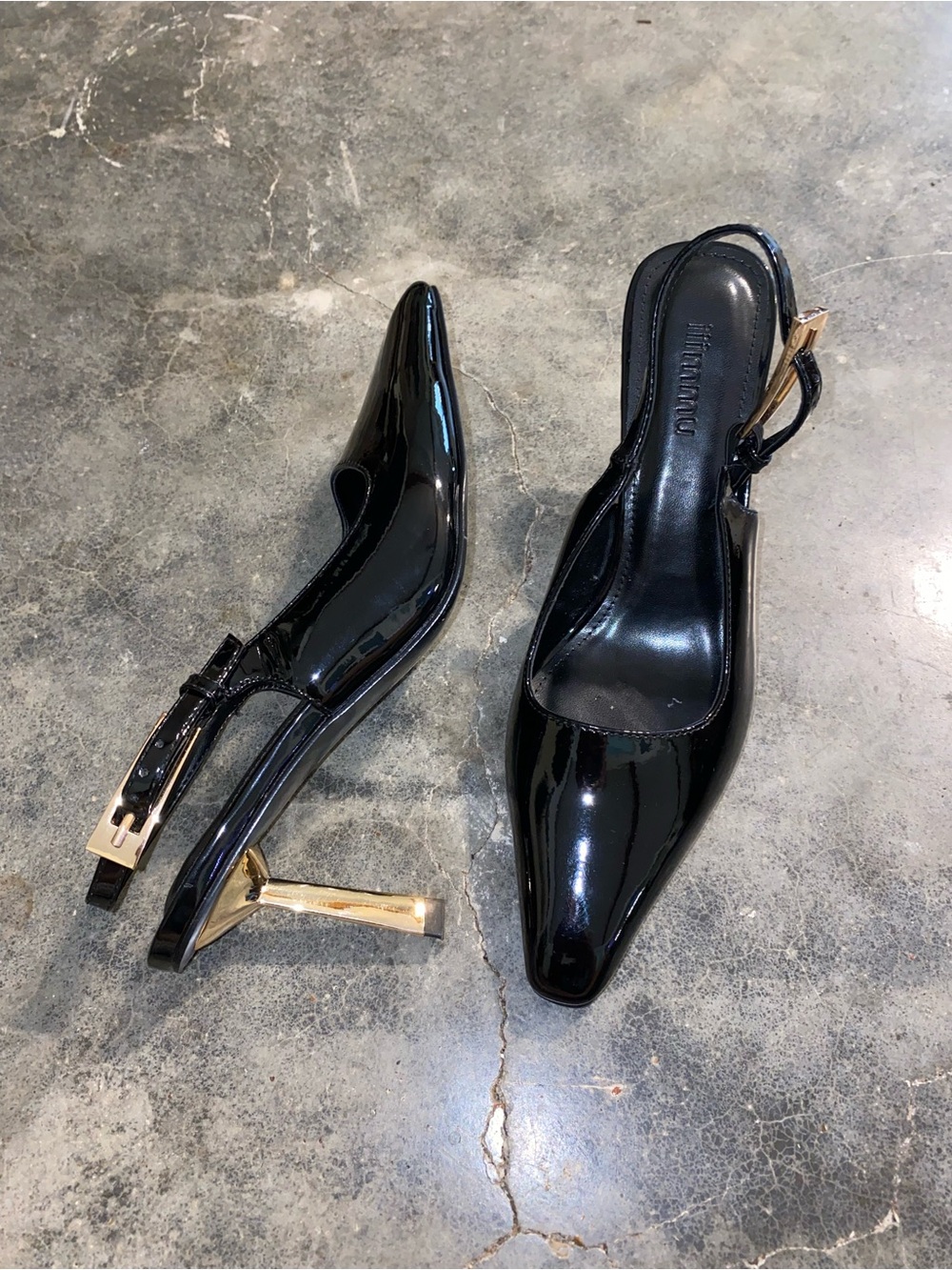 Elegant Black Patent Slingback Heels with Gold Accent